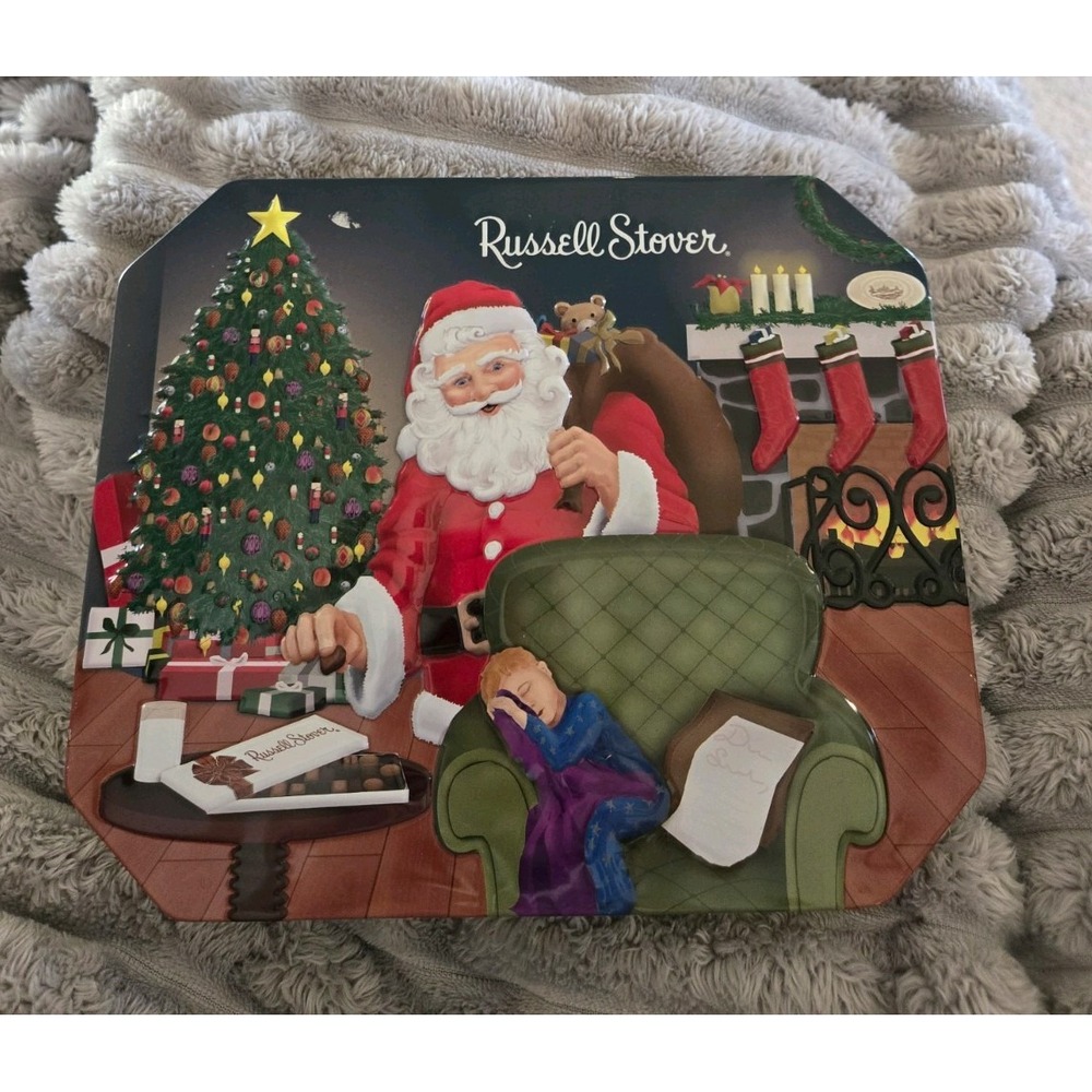 Russell Stover Christmas Santa Claus Embossed Metal Chocolate Tin Collectible